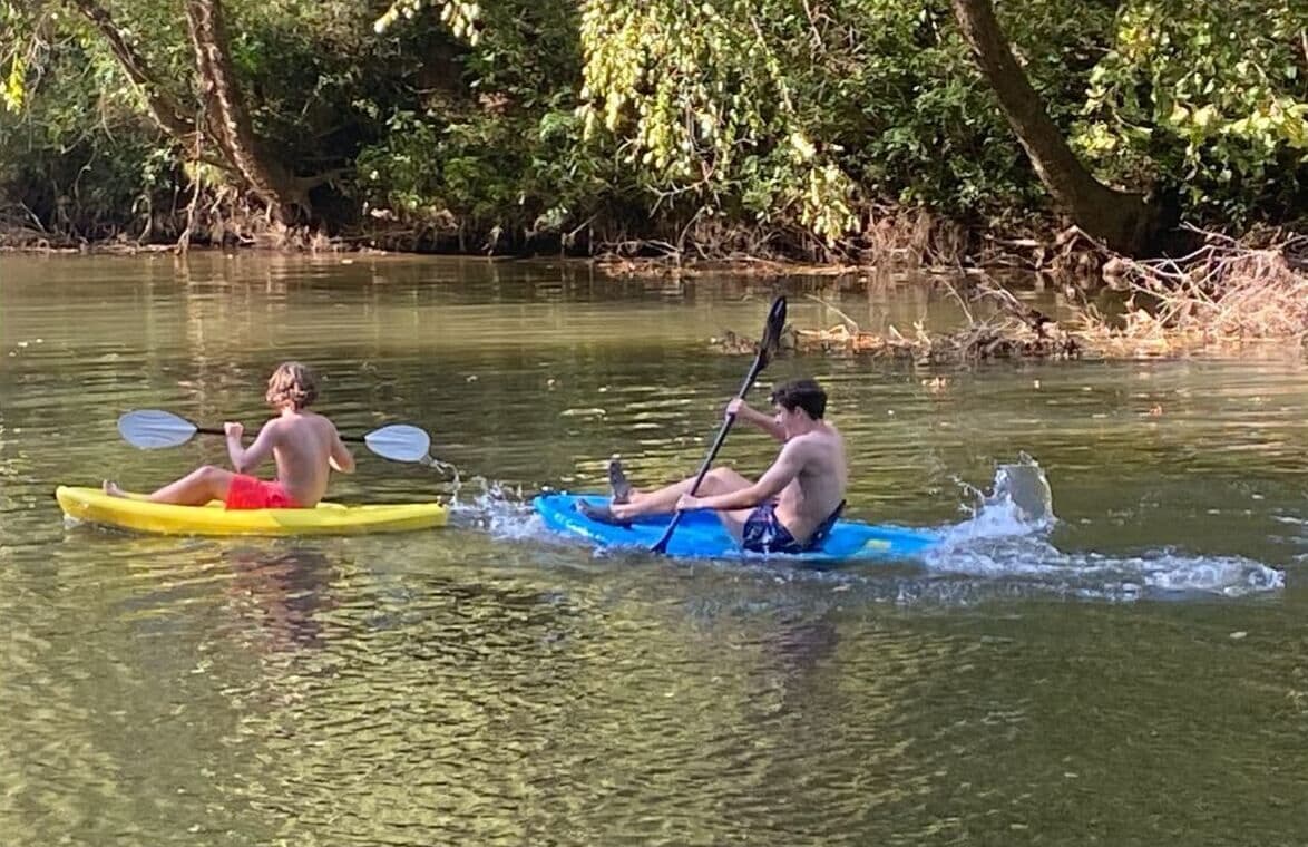 Deux personnes pratiquent le kayak sur une rivière paisible, entourée d’une végétation luxuriante.