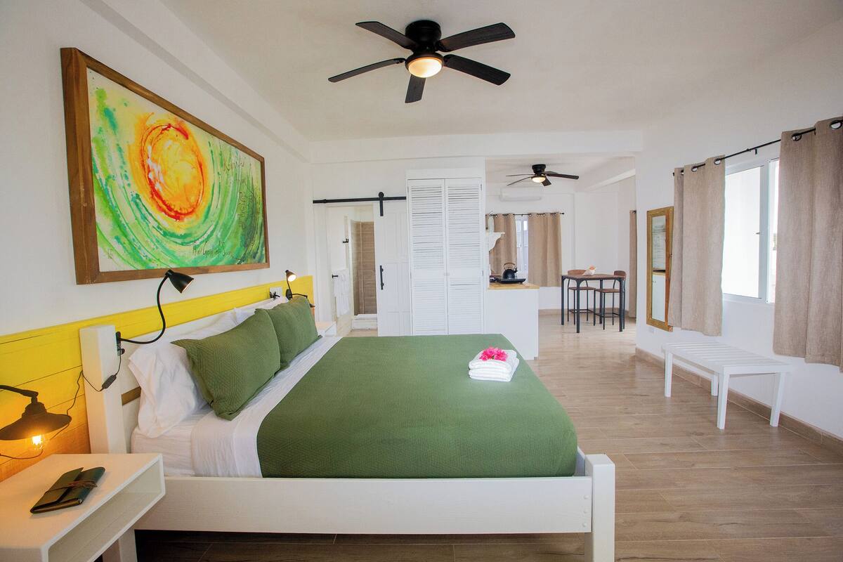 Habitación de hotel con cama, escritorio, silla, ventilador de techo y un cuadro en la pared.