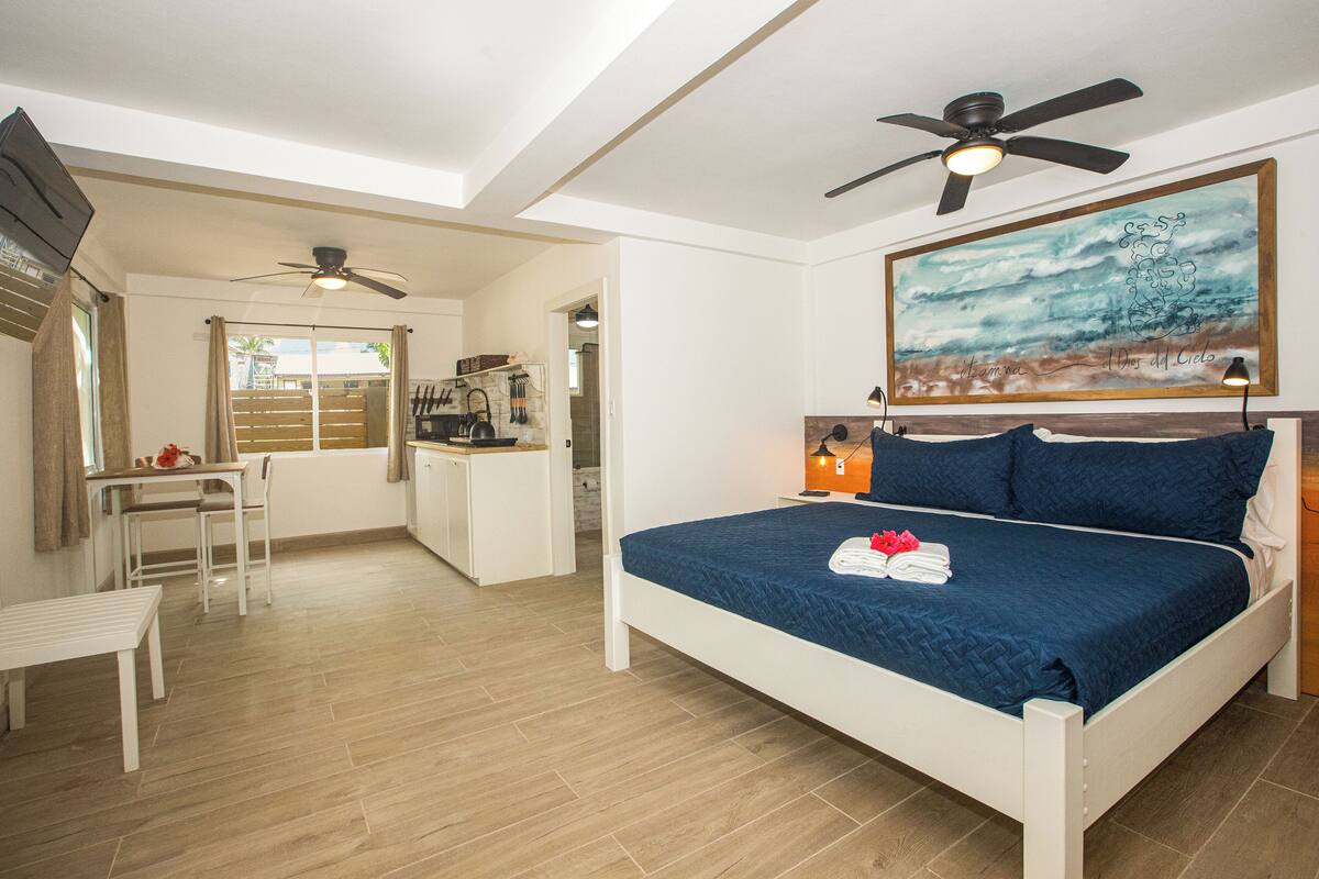 Un dormitorio con una cama, un escritorio y una silla. Hay un ventilador de techo y un cuadro en la pared.