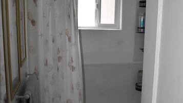 Combined shower/bathtub, towels, soap, toilet paper