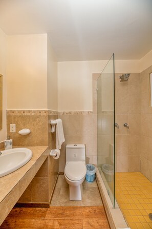 Douche, séchoir à cheveux, serviettes fournies, savon