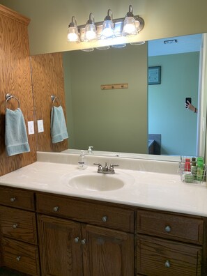 Combined shower/tub, jetted tub, hair dryer, towels