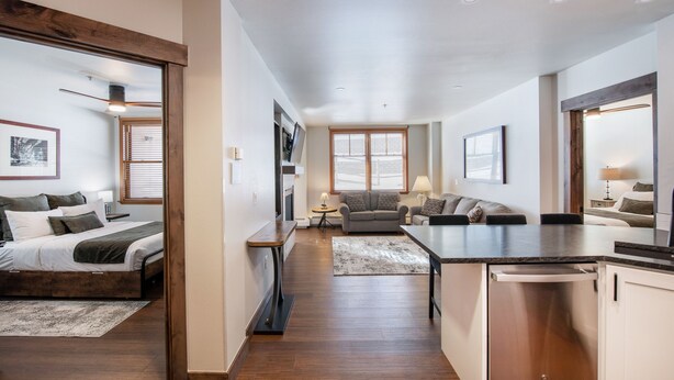 Un espace de vie moderne à aire ouverte comprenant une cuisine, un coin repas et une chambre.