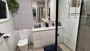 Shower, hair dryer, towels, soap
