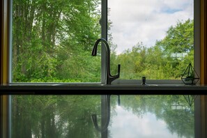 A kitchen window with a modern faucet and a small potted plant on the windowsill.