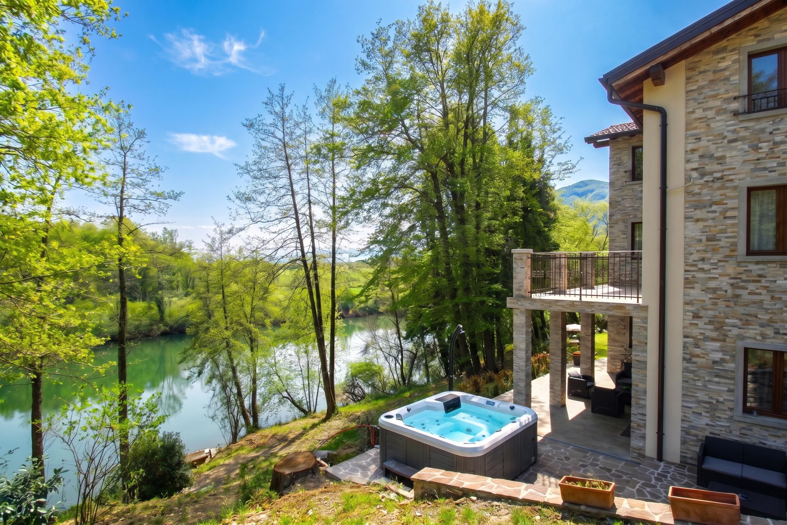 Une maison dotée d’un jacuzzi, d’un balcon et offrant une vue sur un lac entouré d’arbres.