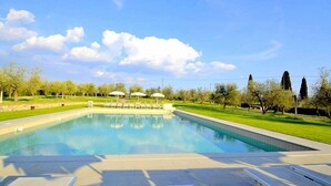 Ein rechteckiger Swimmingpool mit glasklarer, blauer Wasseroberfläche, umgeben von einer gepflasterten Liegefläche mit Liegestühlen und Sonnenschirmen.