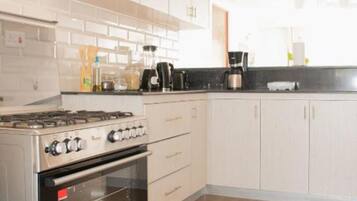 Full-sized fridge, oven, stovetop, electric kettle