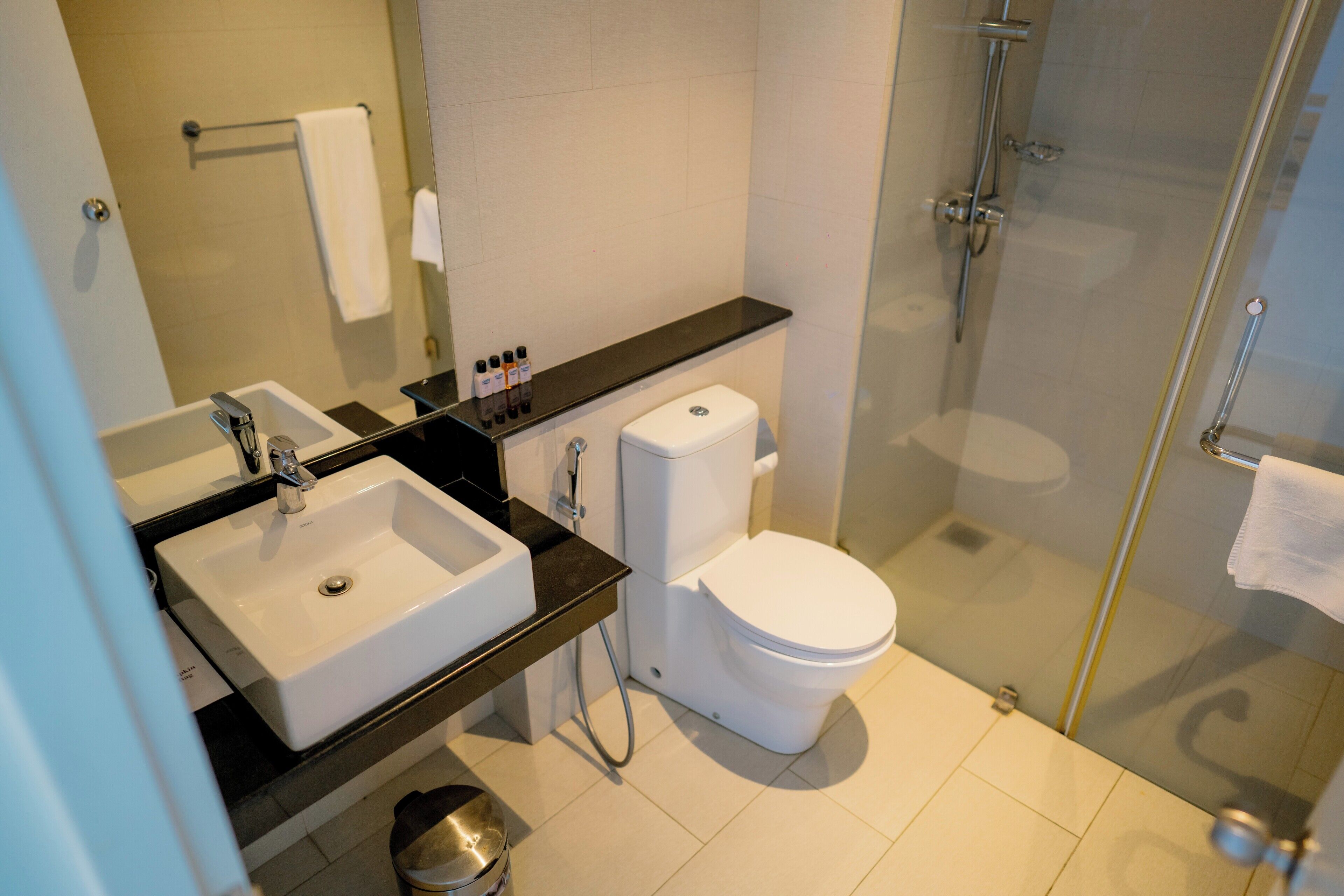 A modern bathroom with a white sink, toilet, and glass shower enclosure.