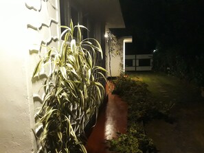 Stroll along the well-lit pathway to a modern home with clean lines and a welcoming atmosphere.