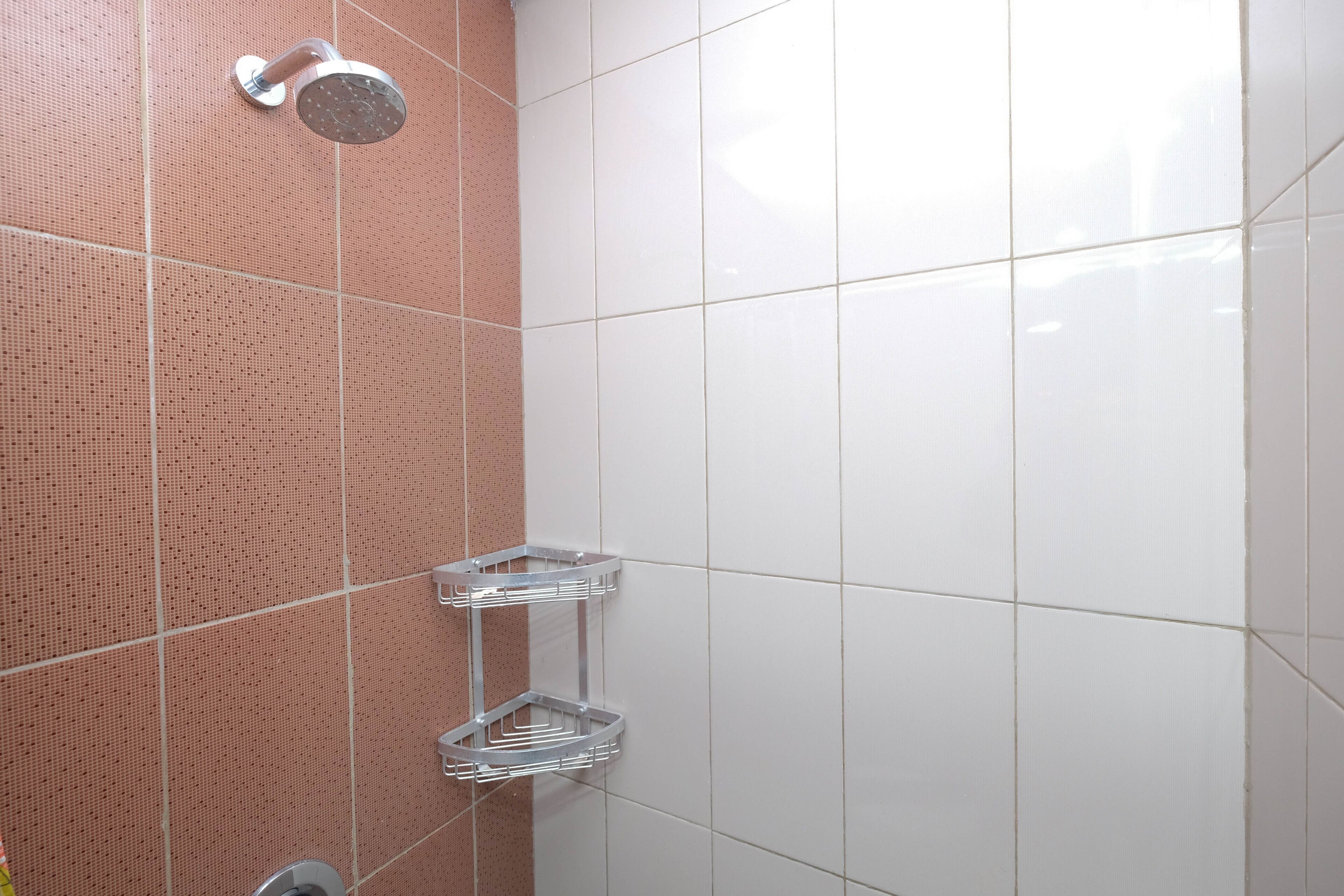 A bathroom with a shower, a toilet, and two metal shelves.