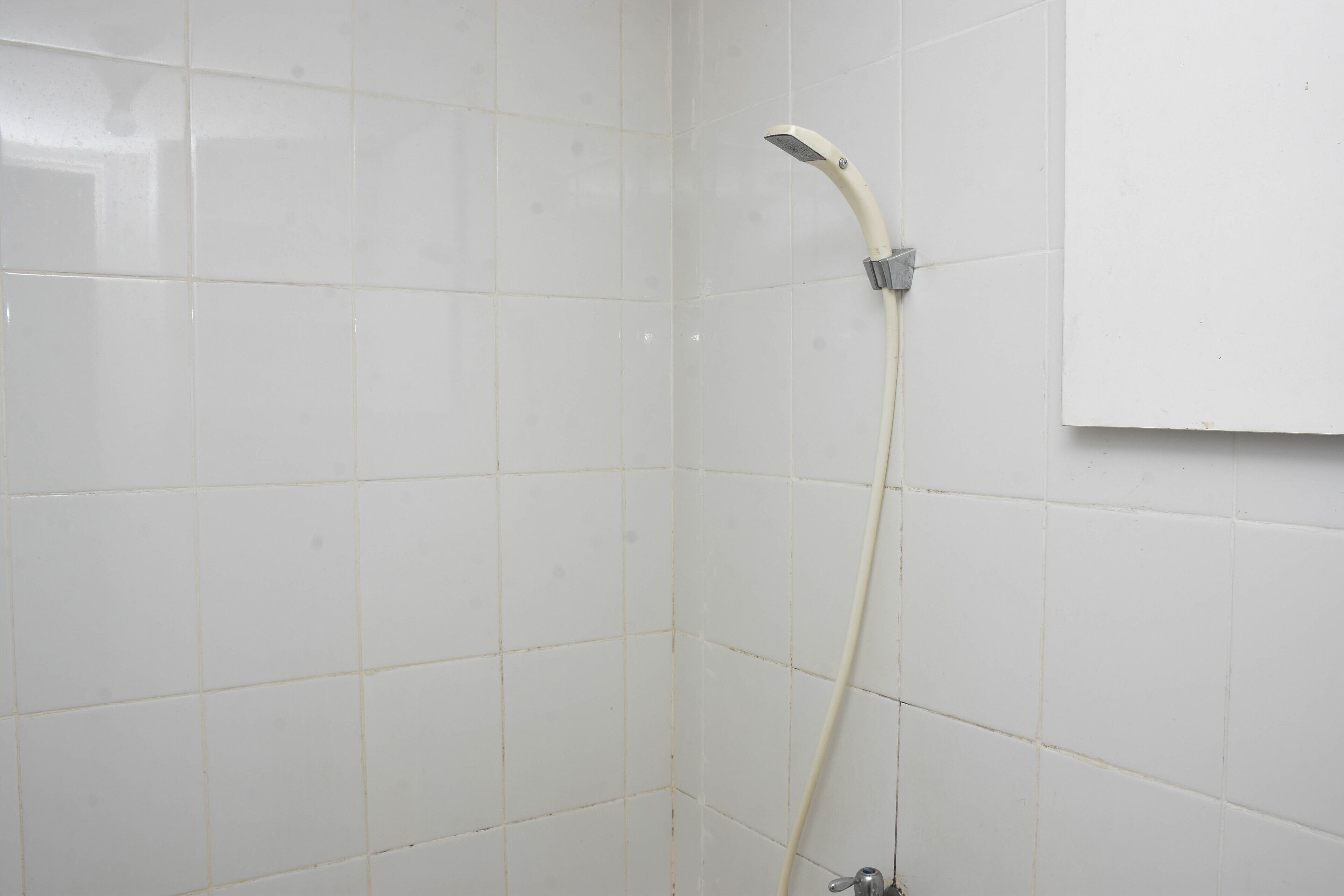A shower with a handheld showerhead in a tiled bathroom.