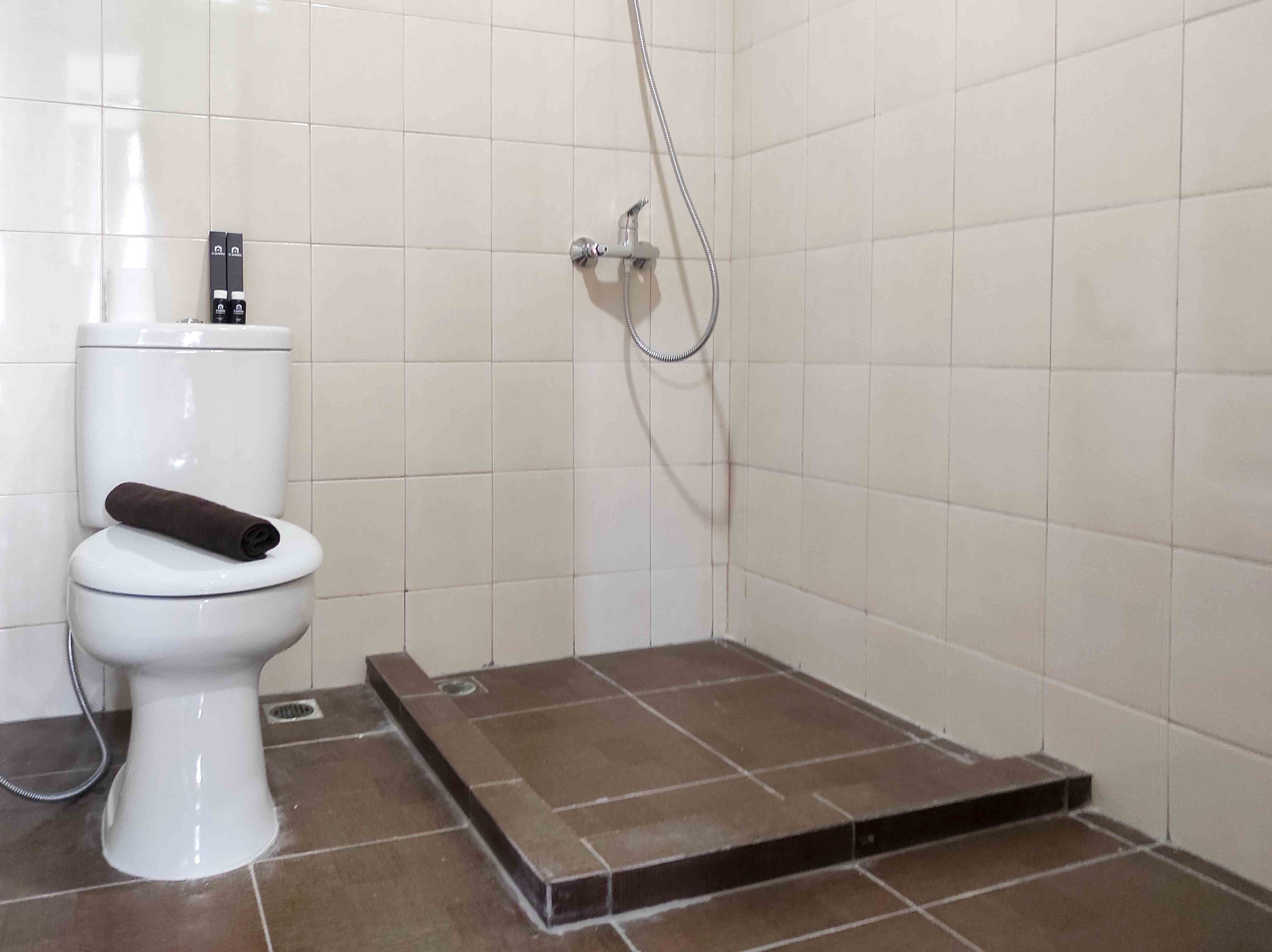 A bathroom with a white toilet, a shower with a handheld showerhead, and a small step leading to a tiled shower area.