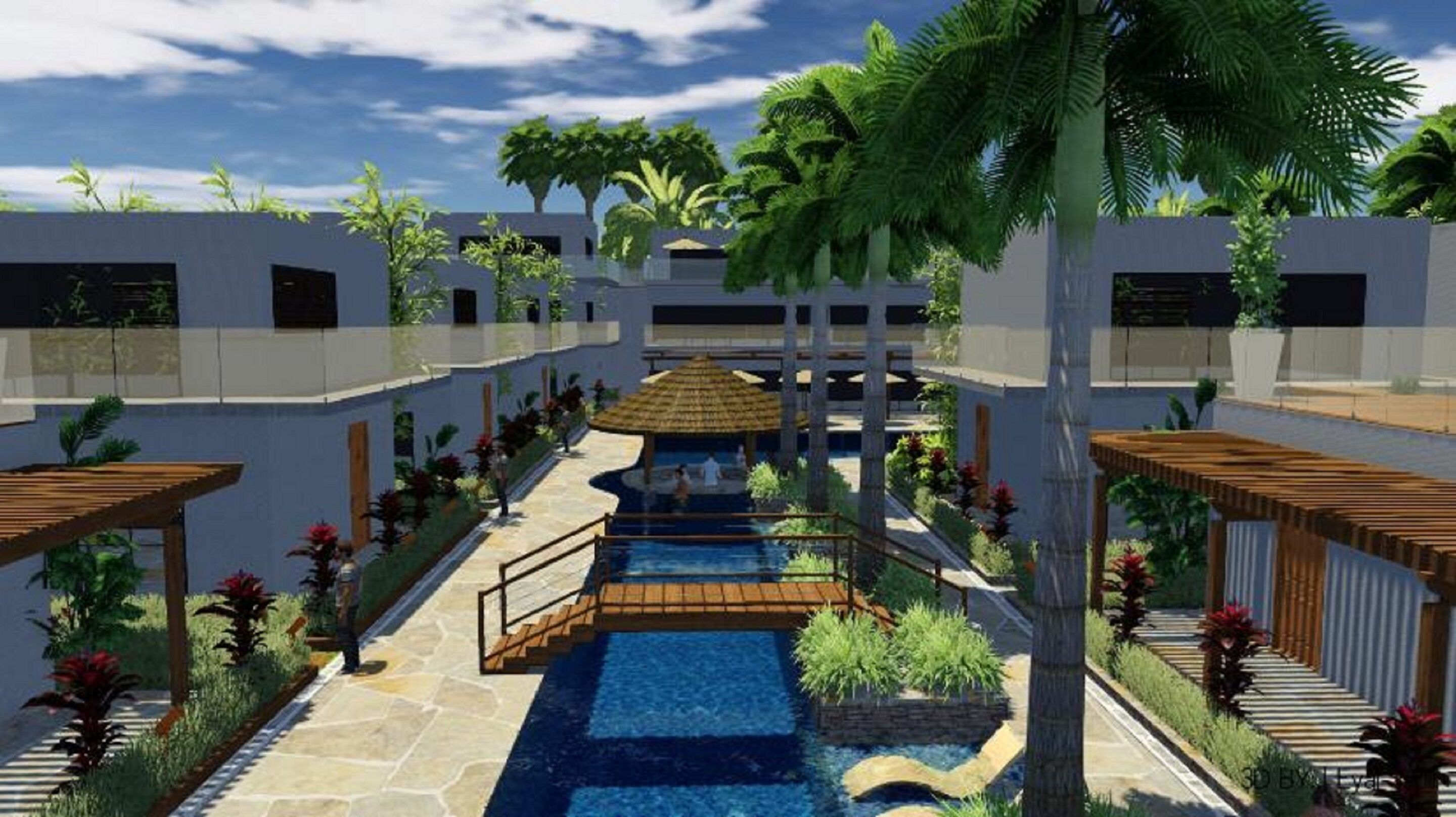 A modern resort with a central pool, surrounded by palm trees and a covered seating area.