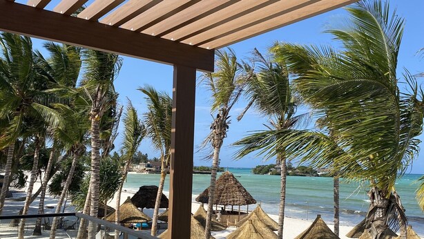 A beach view with thatched umbrellas, palm trees, and a wooden deck. - TOA Hotel & Spa Zanzibar (Pongwe)