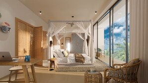 A modern bedroom with a canopy bed, a laptop on a desk, and a view of the outdoors. - TOA Hotel & Spa Zanzibar (Pongwe)