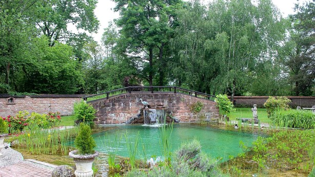 A serene garden with a pond, a stone bridge, and lush greenery. - Les Jardins d'Aïka (Raon-l'Etape)