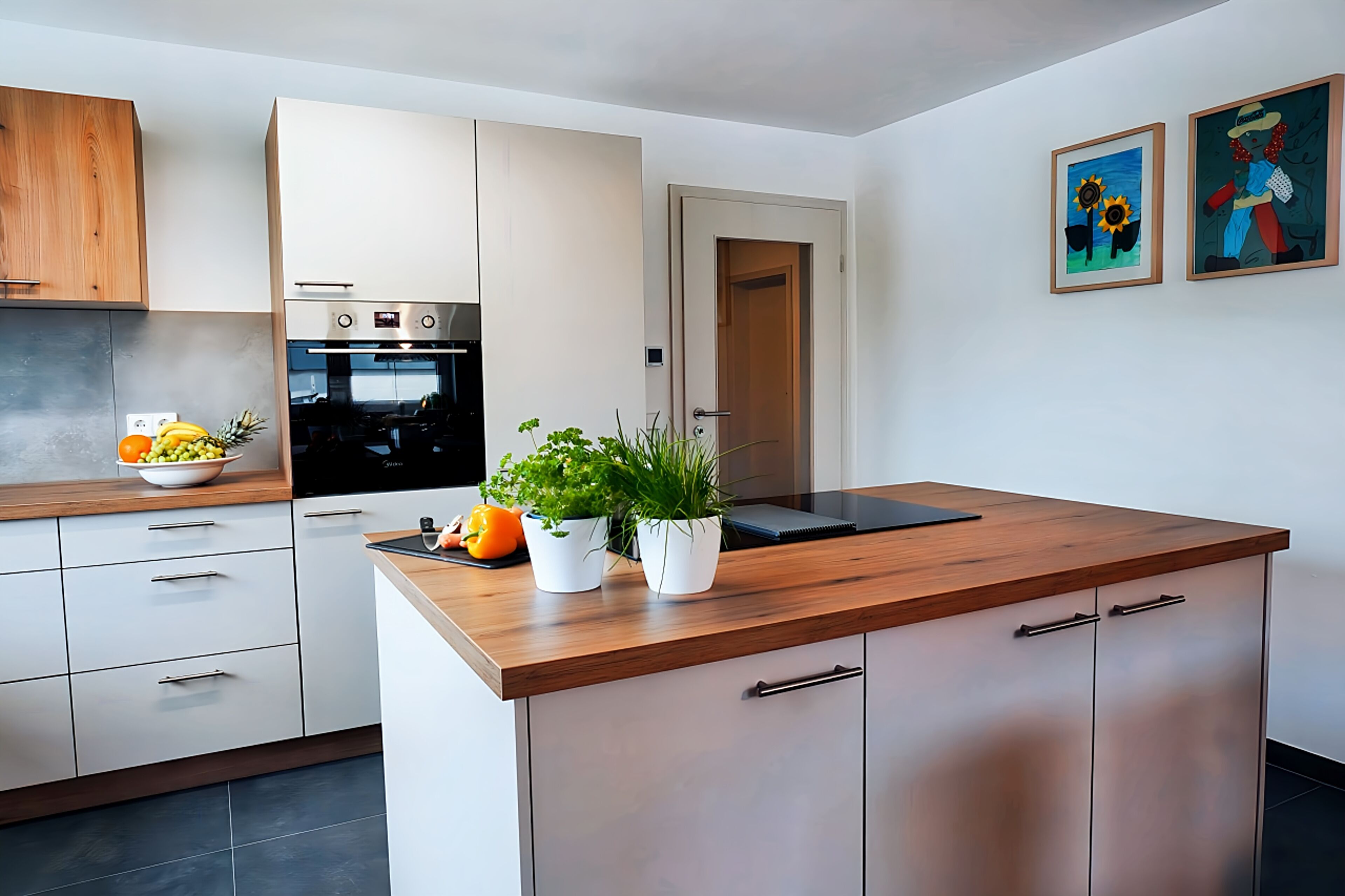 A modern kitchen with white cabinets, a wooden countertop, and a built-in oven. There are potted plants on the countertop and a bowl of fruit on the left.