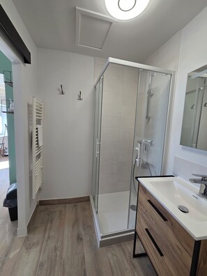 Shower, hair dryer, towels, soap