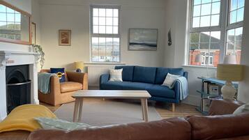 Smart TV, fireplace, books