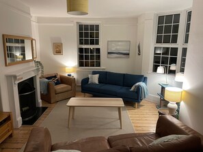 TV connectée, cheminée, livres
