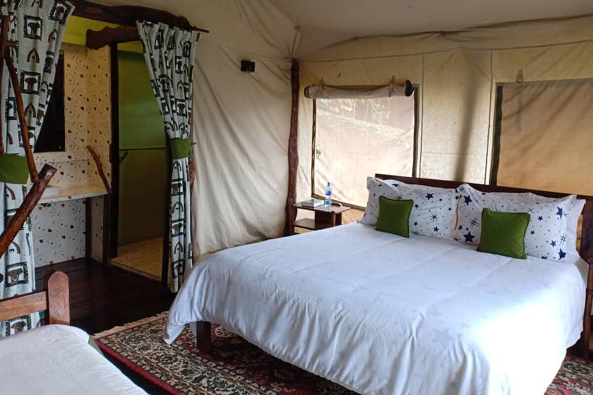 A tent-style room with a bed, curtains, and a window.
