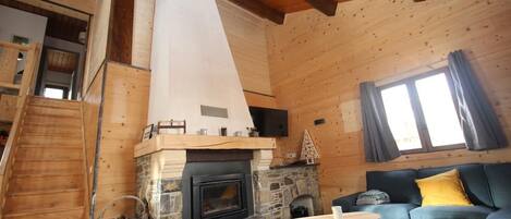 Smart TV, fireplace, table football, books