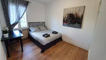 Desk, blackout curtains, soundproofing, iron/ironing board