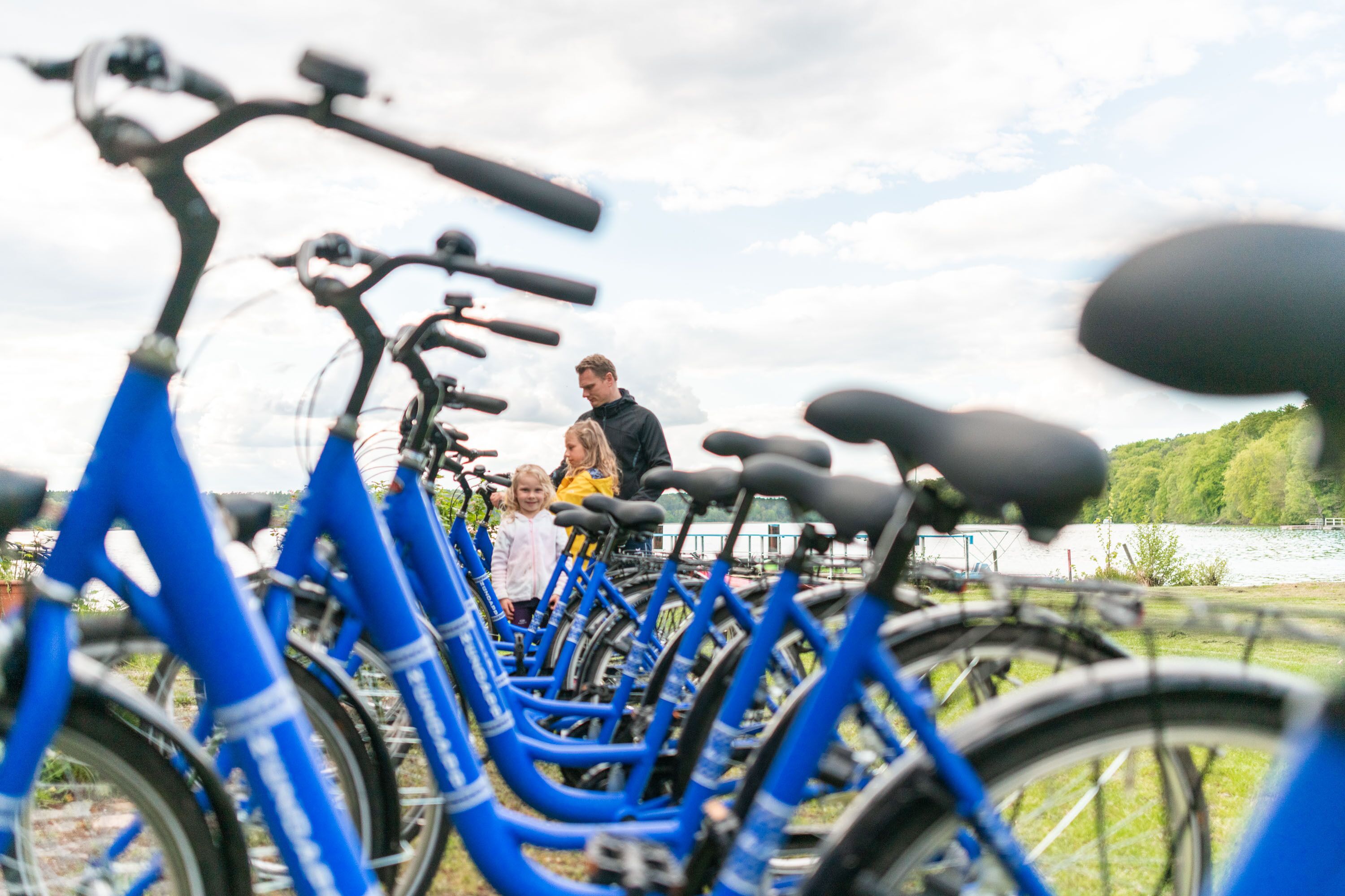 A row of bicycles parked outdoors with a body of water and greenery in the background.