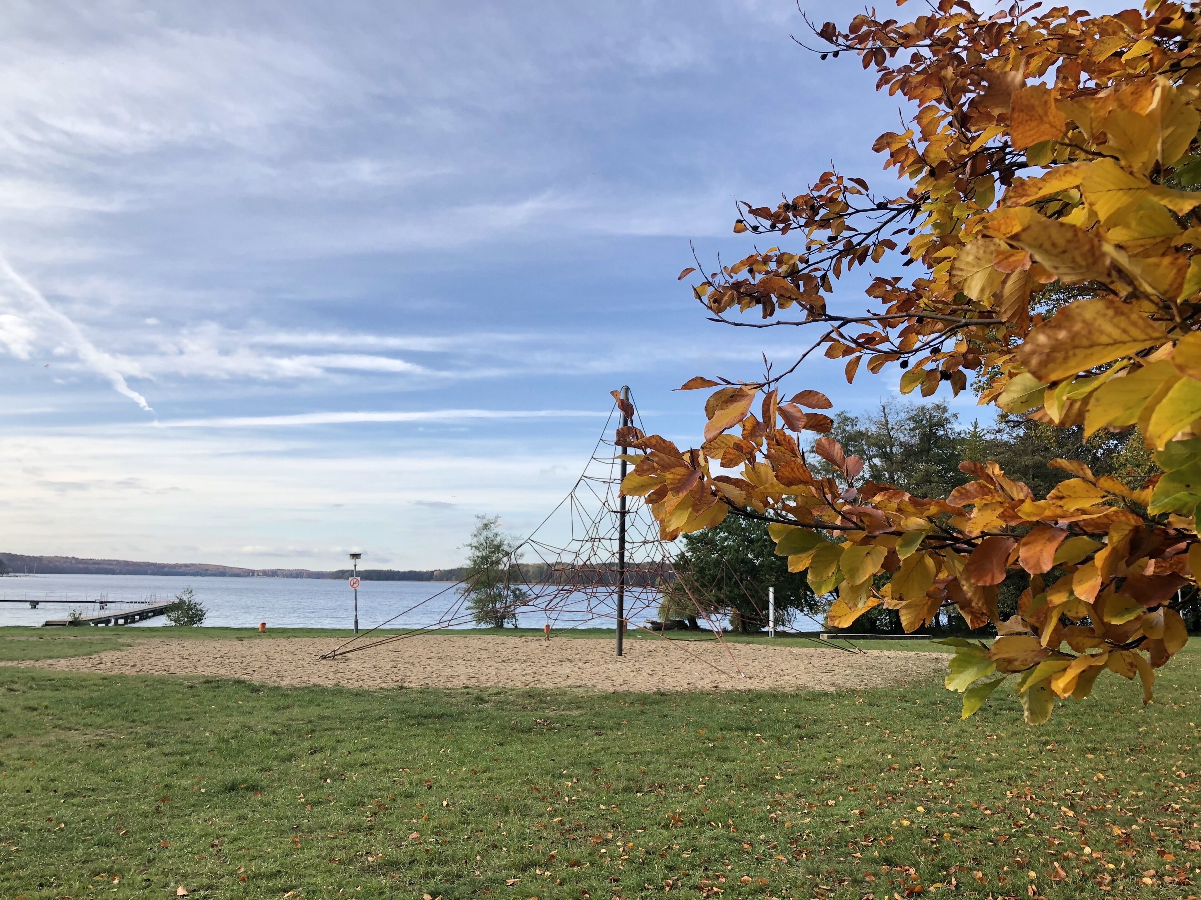 A grassy area with a beach and a body of water in the background.