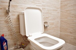 Combined shower/tub, towels