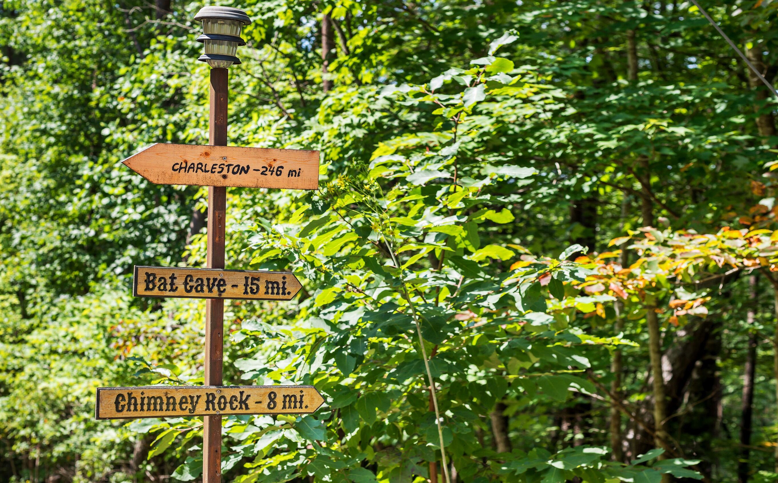 A wooden directional signpost with distance markers to Charleston, Bat Cave, and Chimney Rock.