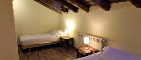 A small, cozy room with two beds, a wooden ceiling, and a radiator.