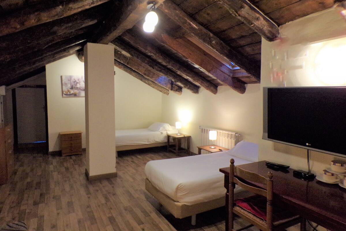 Une chambre à coucher avec un lit, un bureau et un téléviseur.