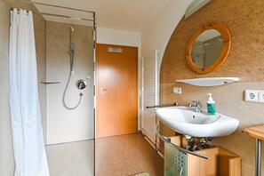 Douche, sèche-cheveux, serviettes fournies, savon