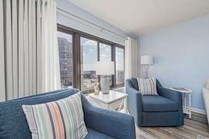 TV - Renovated Condo Direct Oceanfront and Bay View Balconies - 1 bedroom - 1 bath - Sleeps 6 - New Queen & Double beds in Bedroom and Queen Sleep Sofa in Living Room (Ocean City)