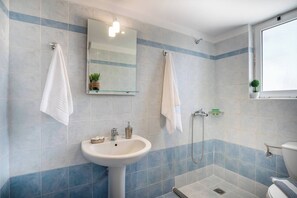 Bathtub, hair dryer, towels, soap