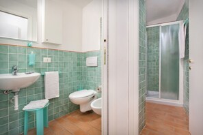 Shower, hair dryer, bidet, towels
