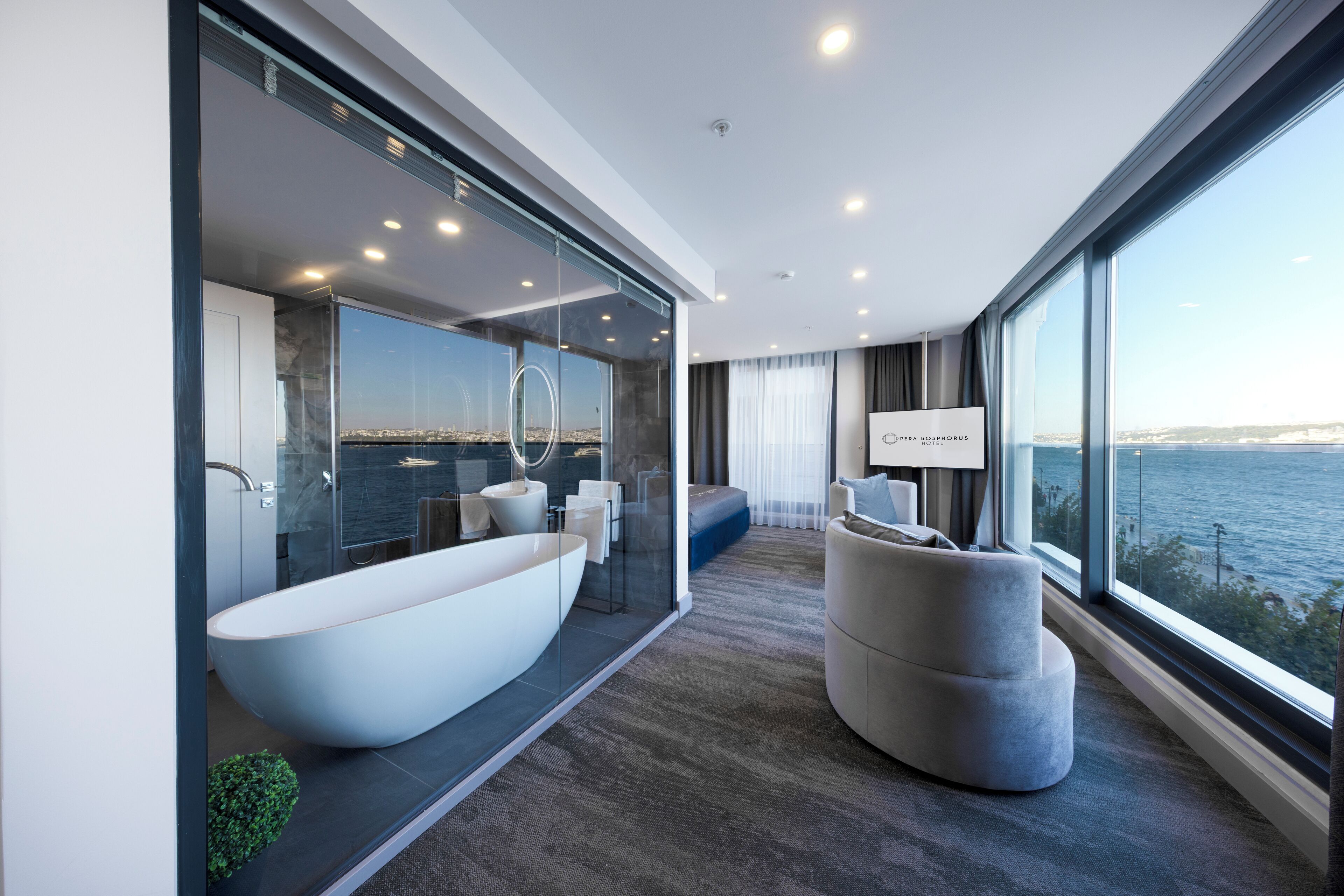 A modern bathroom with a large freestanding bathtub, a glass-enclosed shower area, and a view of the city through large windows.