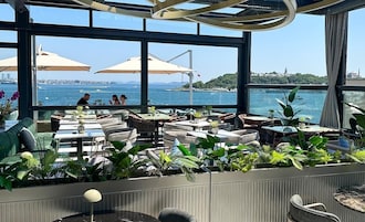 An outdoor seating area with tables and chairs, surrounded by potted plants, overlooking a body of water with a distant view of a cityscape.