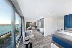 Habitación doble presidencial, vista al mar | Ropa de cama de alta calidad y minibar 
