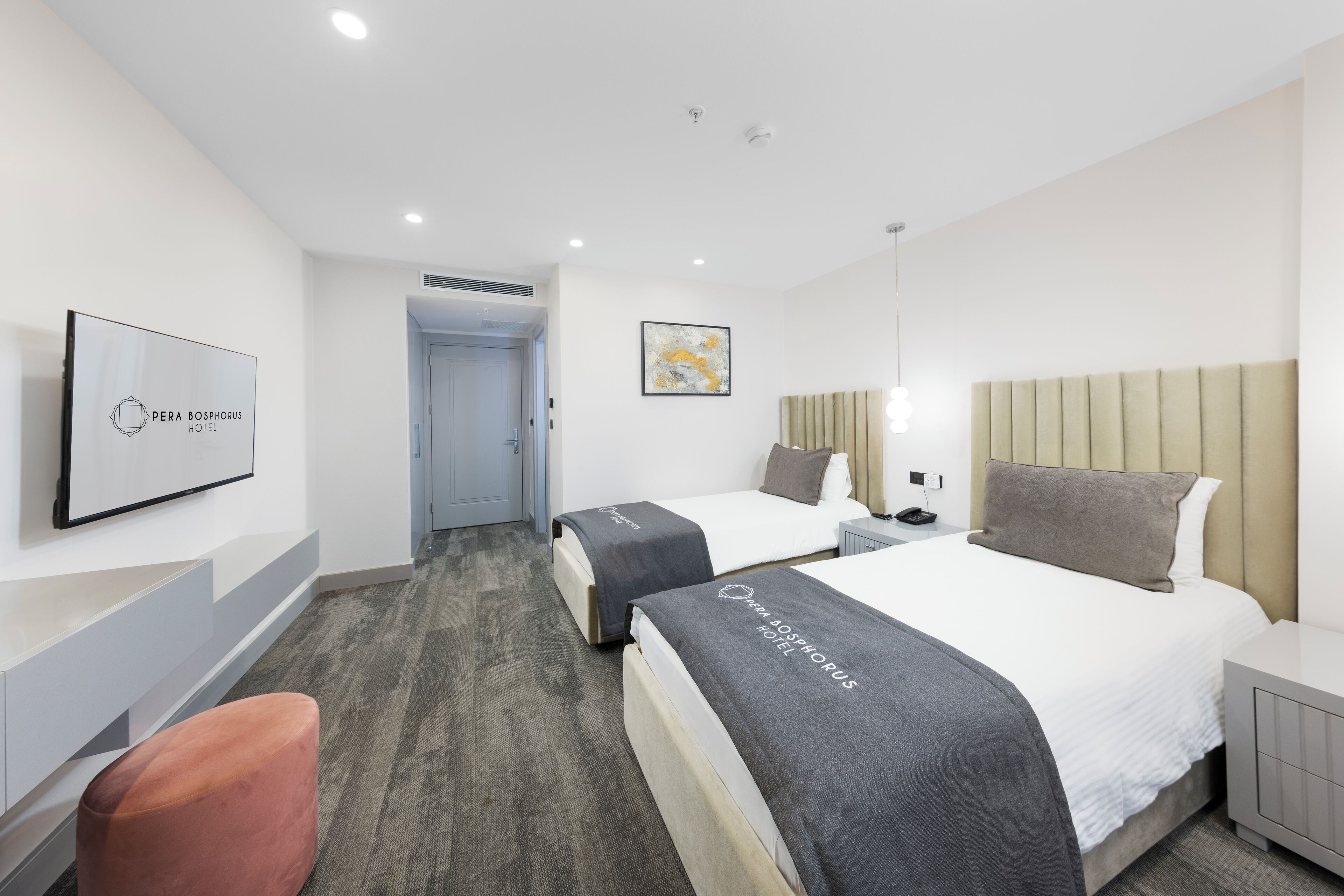 Habitación de hotel con dos camas, televisor, un cuadro y diseño moderno.