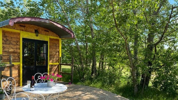 A rustic wooden cabin with a yellow exterior and a black door, surrounded by a gravel path and dense greenery. - Bohemian caravan (Chassenard)