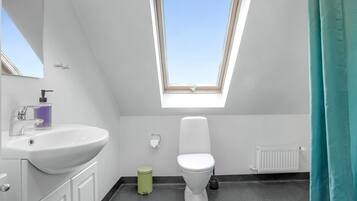 A modern bathroom with a skylight, white sink, toilet, and green trash bin.