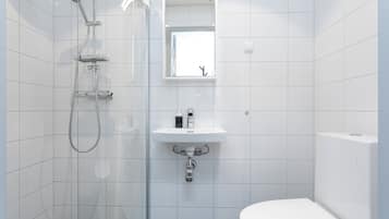 Een moderne badkamer met een douchecabine van glas, een witte wastafel met spiegel erboven en een wit toilet.