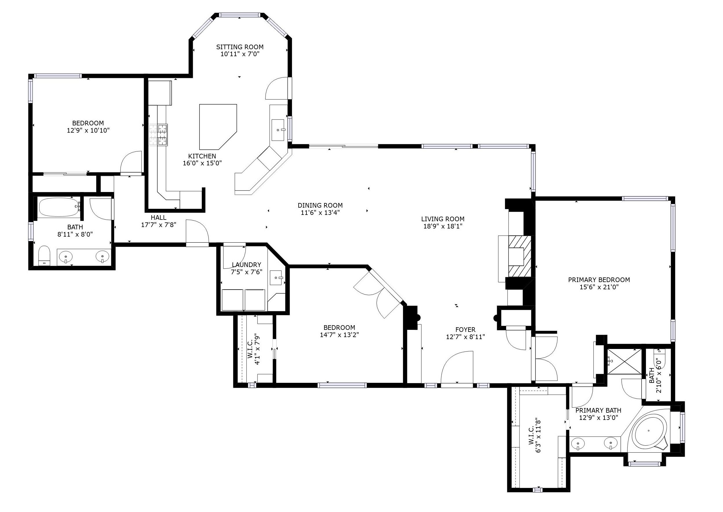 A floor plan of a house with a sitting room, kitchen, dining room, living room, primary bedroom, secondary bedroom, foyer, bathroom, and hall.