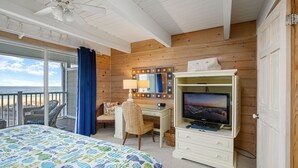 A room with a bed, a desk, a TV, and a balcony with a view of the beach. - Beach Walk II 6 by Seaside Vacations & Sales (Ocean City)