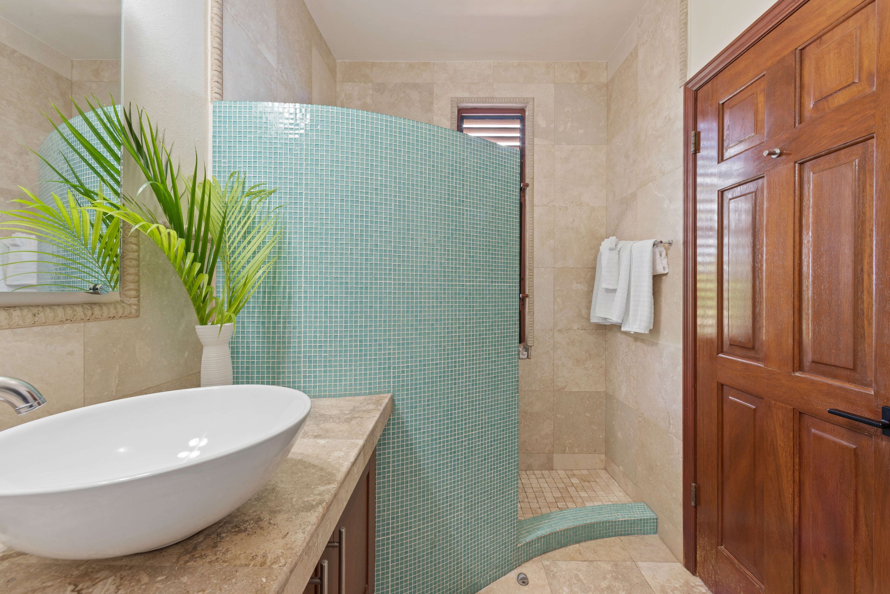 Ein Badezimmer mit einem weißen Waschbecken, einer Dusche mit grünen Fliesen, einer Holztür und einem Blumentopf.
