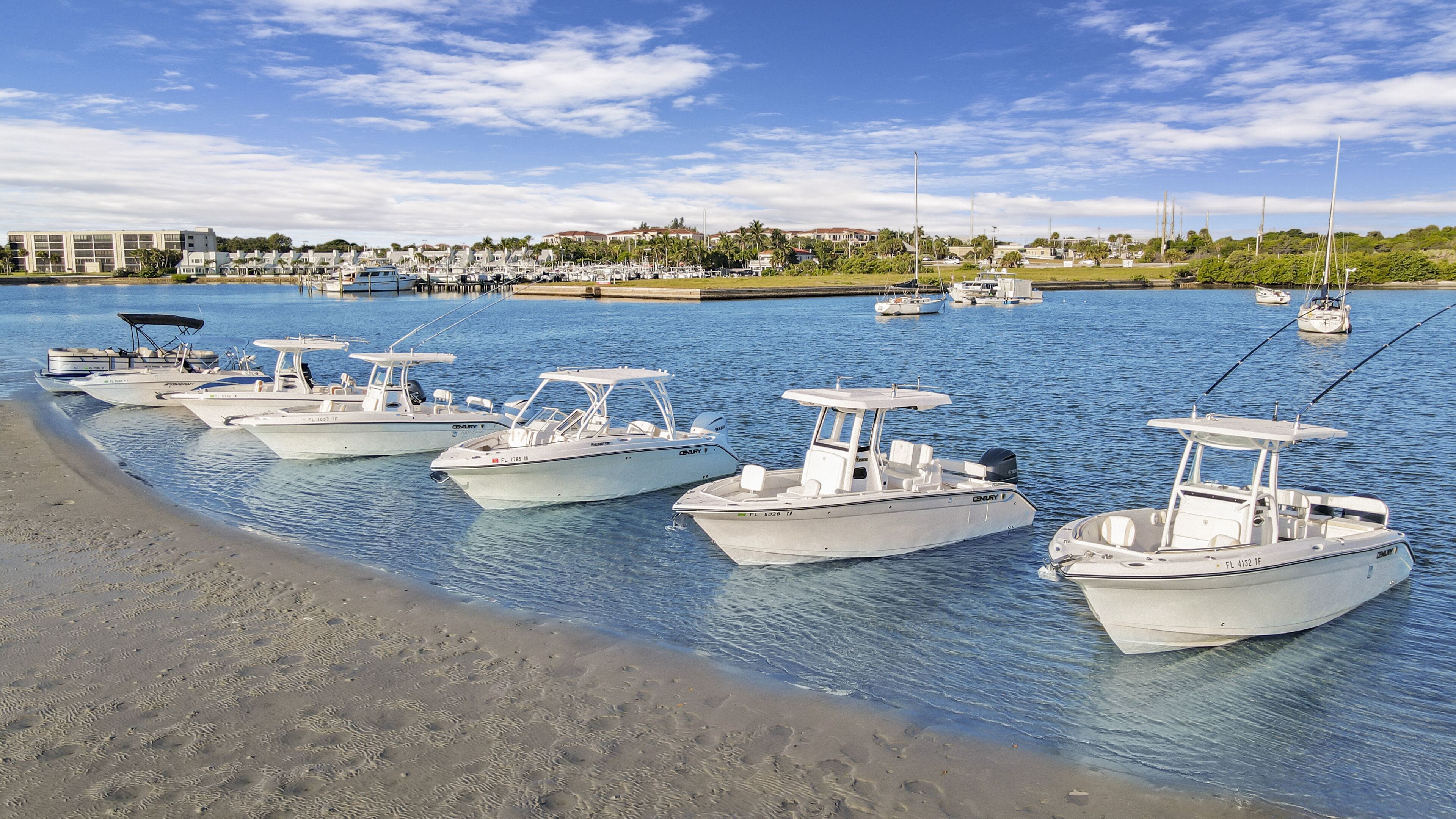 A marina with several white motorboats docked along the shore.