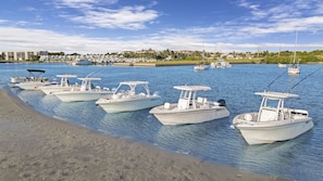 A marina with several white motorboats docked along the shore.